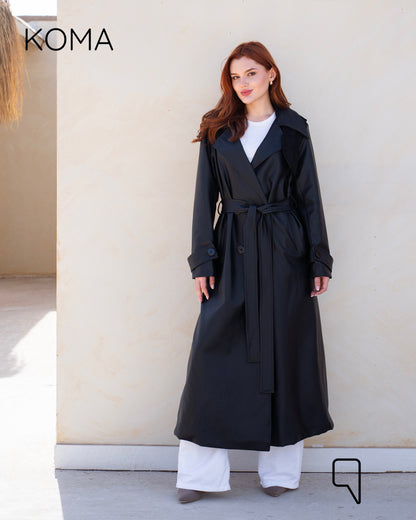Leather Trench Coat With Suede - Black