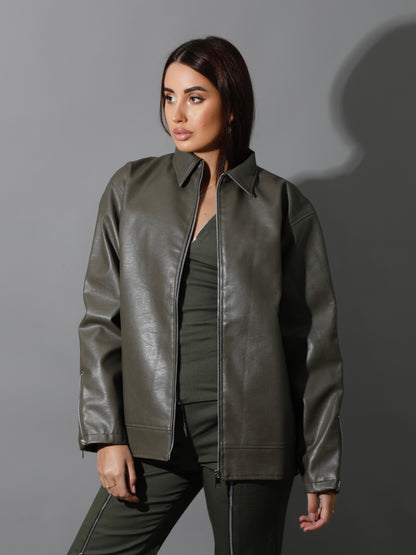 Leather Zipper Sleeved Jacket - Olive