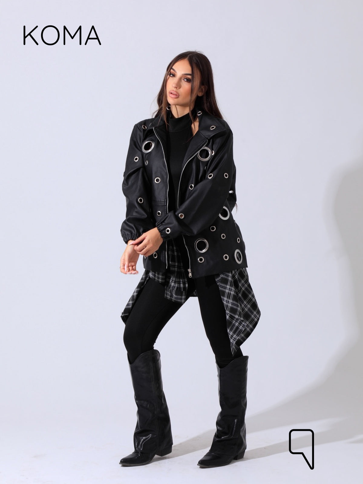 Cailyn Leather eyelet Jacket - Black