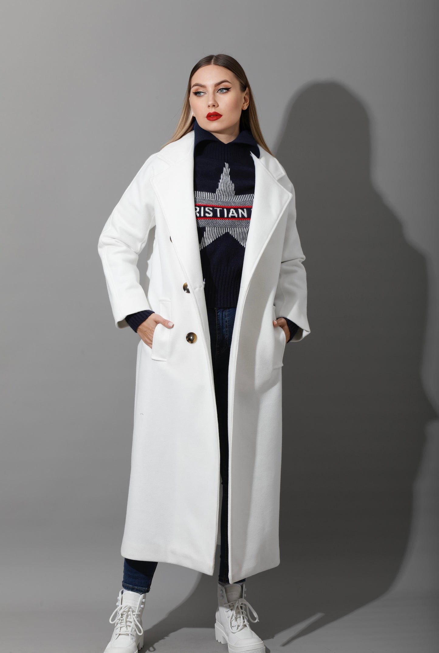 Darcy Long Double Breasted Coat - White