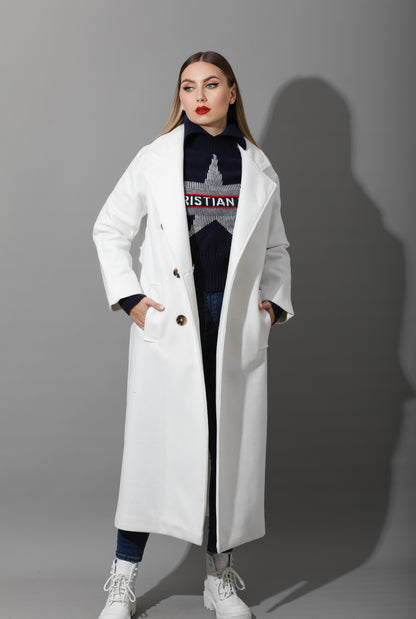 Darcy Long Double Breasted Coat - White