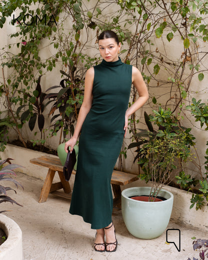 Naomi Halter Neck Midi Sleeveless Dress - Green
