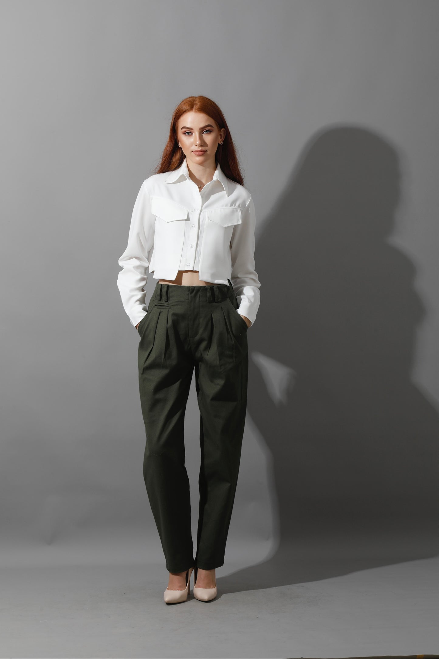 High Rise Paper-Bag Pants - Olive