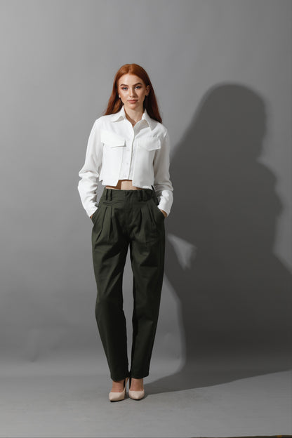 High Rise Paper-Bag Pants - Olive
