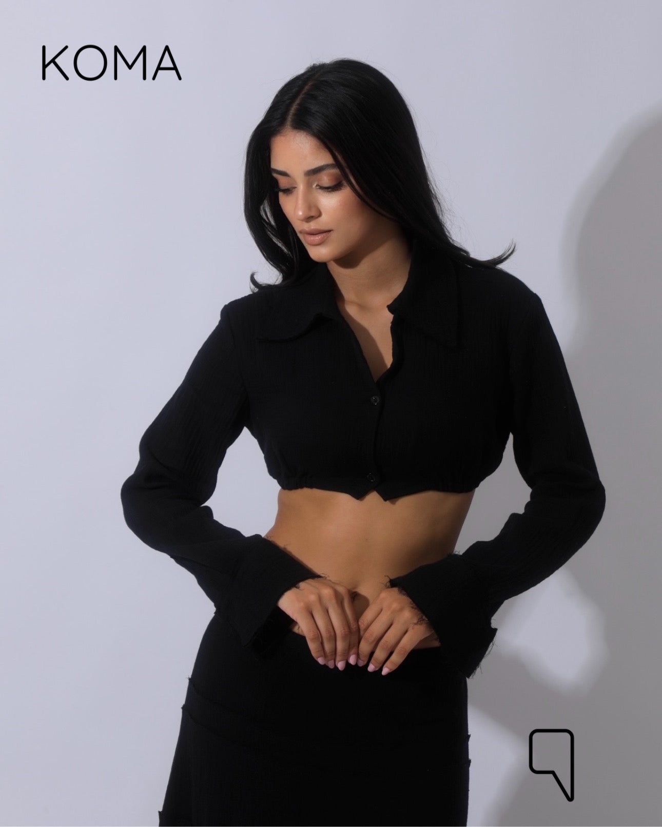 Greta Crincle Cropped Shirt & Skirt Set - Black