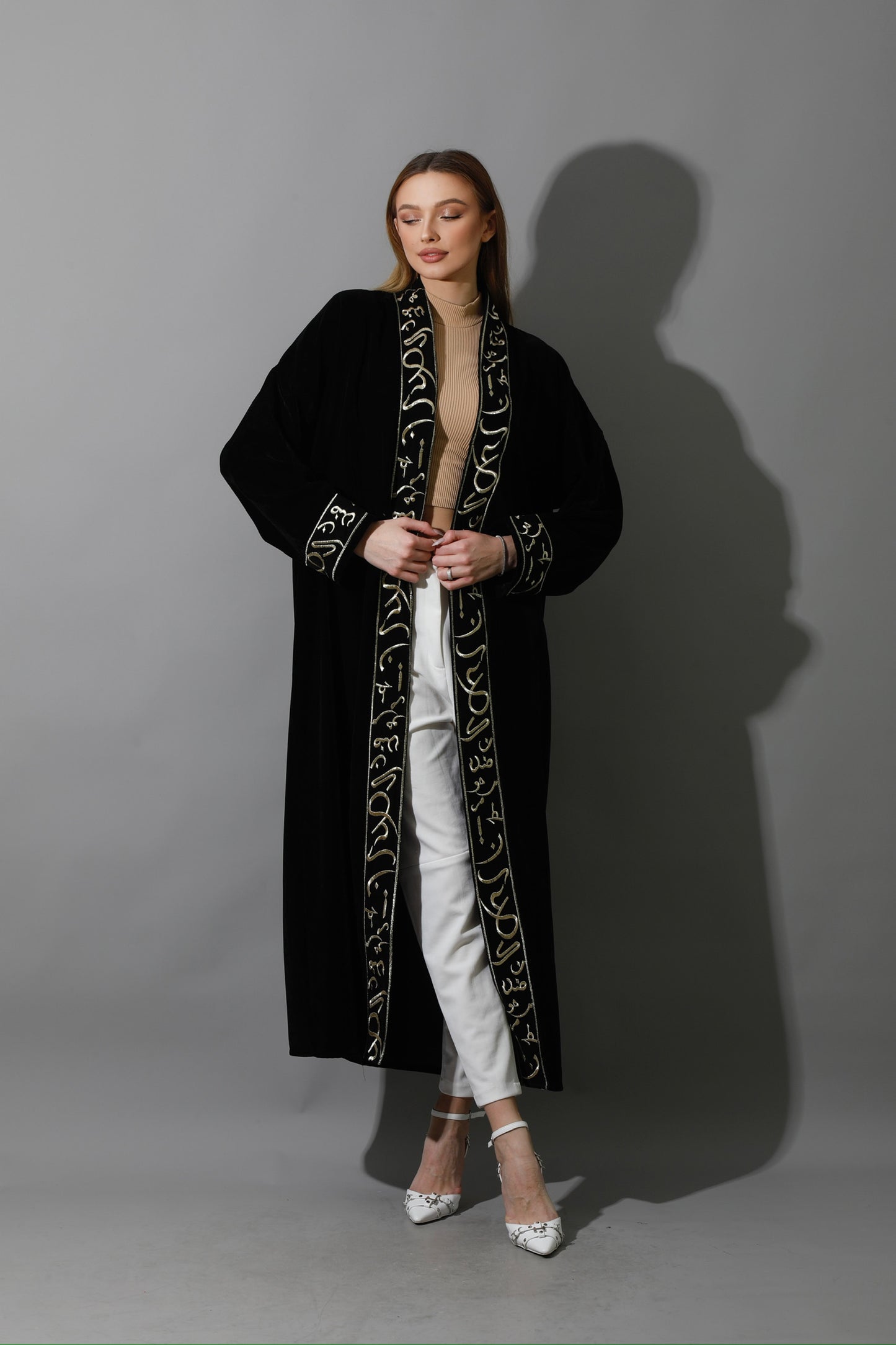 Arabic Letter Long Kaftan - Black & Gold