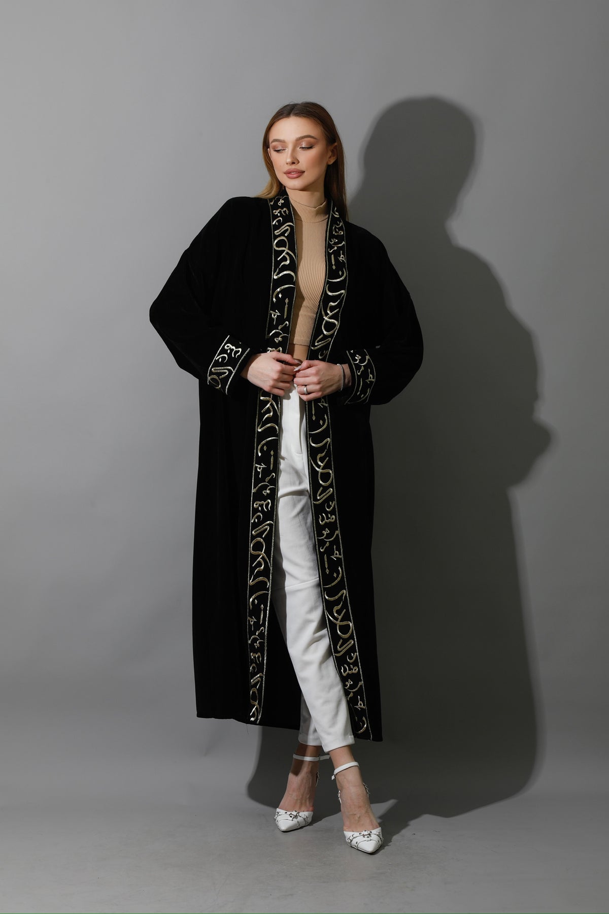 Arabic Letter Long Kaftan - Black & Gold