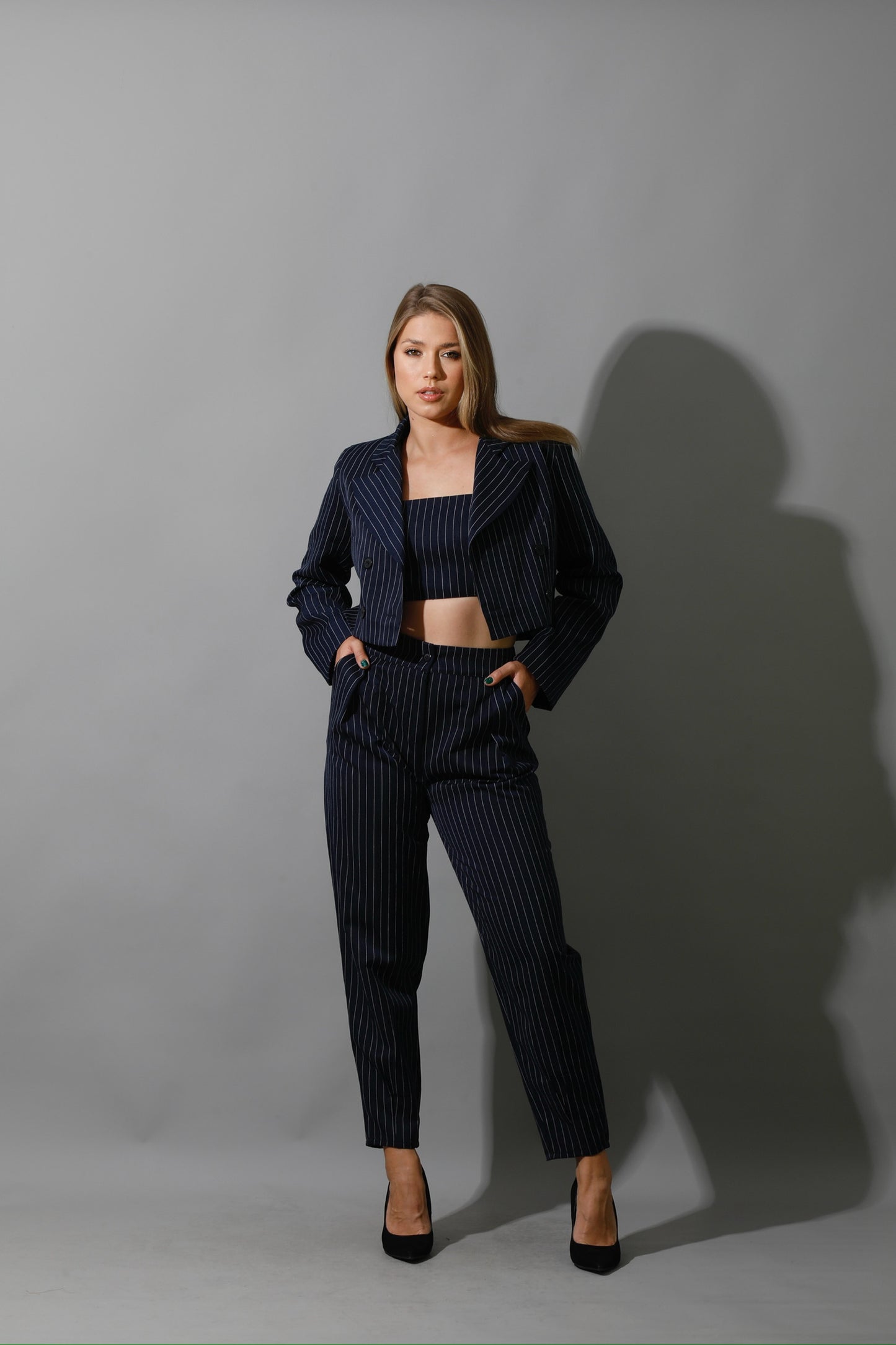 Striped Cropped Blazer, Bra Top & Paper-bag Pants Co-Ord - Navy