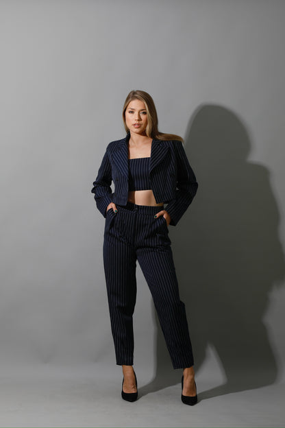 Striped Cropped Blazer, Bra Top & Paper-bag Pants Co-Ord - Navy
