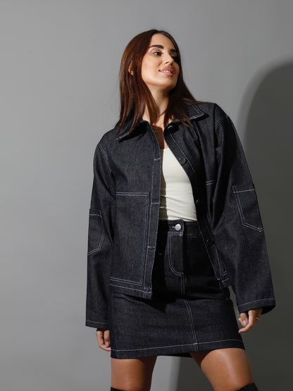 Co-Ord Jeans Sleeves Jacket - Navy Blue