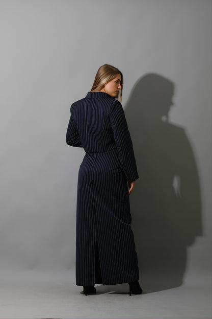 Striped Cropped Blazer Co-Ord - Navy
