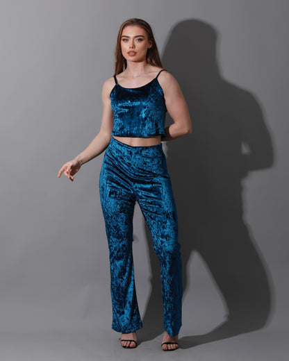 Velvet Crop Top & Bootcut Trousers Set - Petrol