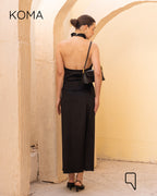 Violet Satin Halter Top & Midi Skirt Co-Ord - Black