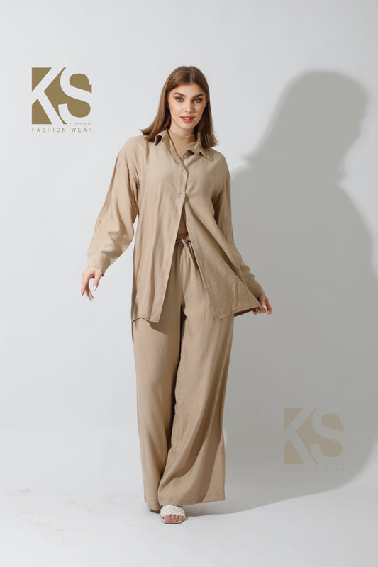 Co-Ord Long Sleeve Shirt & Wide Leg Trousers - Beige