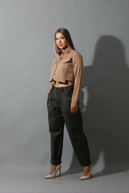 Pockets Cropped Shirt - Beige