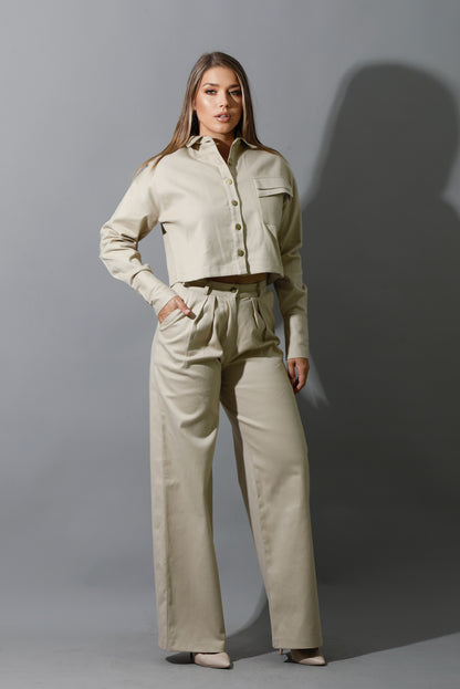 Co-ord Pleated Wide Leg Pants - Beige