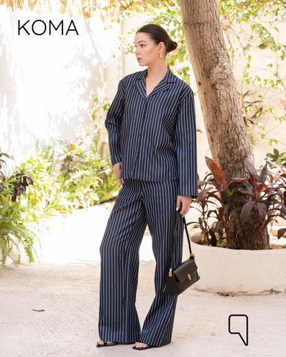 Della Striped Pajama Shirt & Flare Trousers Set - Navy