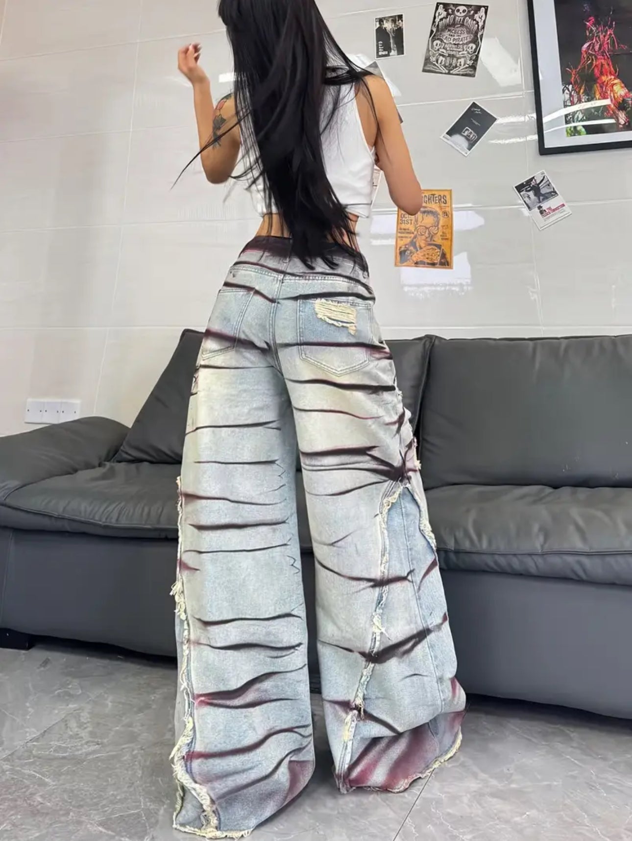 Gaia High-Wasted Distressed Wide Leg Trousers - Multicolored