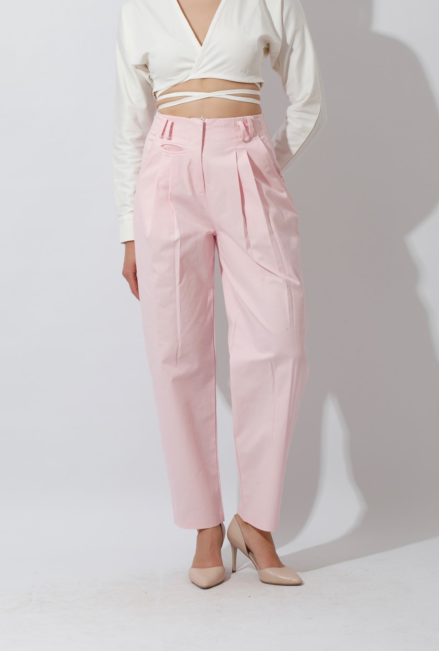 High Rise Paper-Bag Pants - Pink
