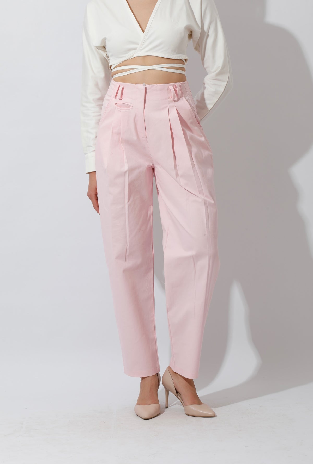 High Rise Paper-Bag Pants - Pink