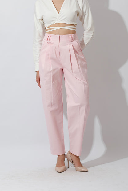 High Rise Paper-Bag Pants - Pink