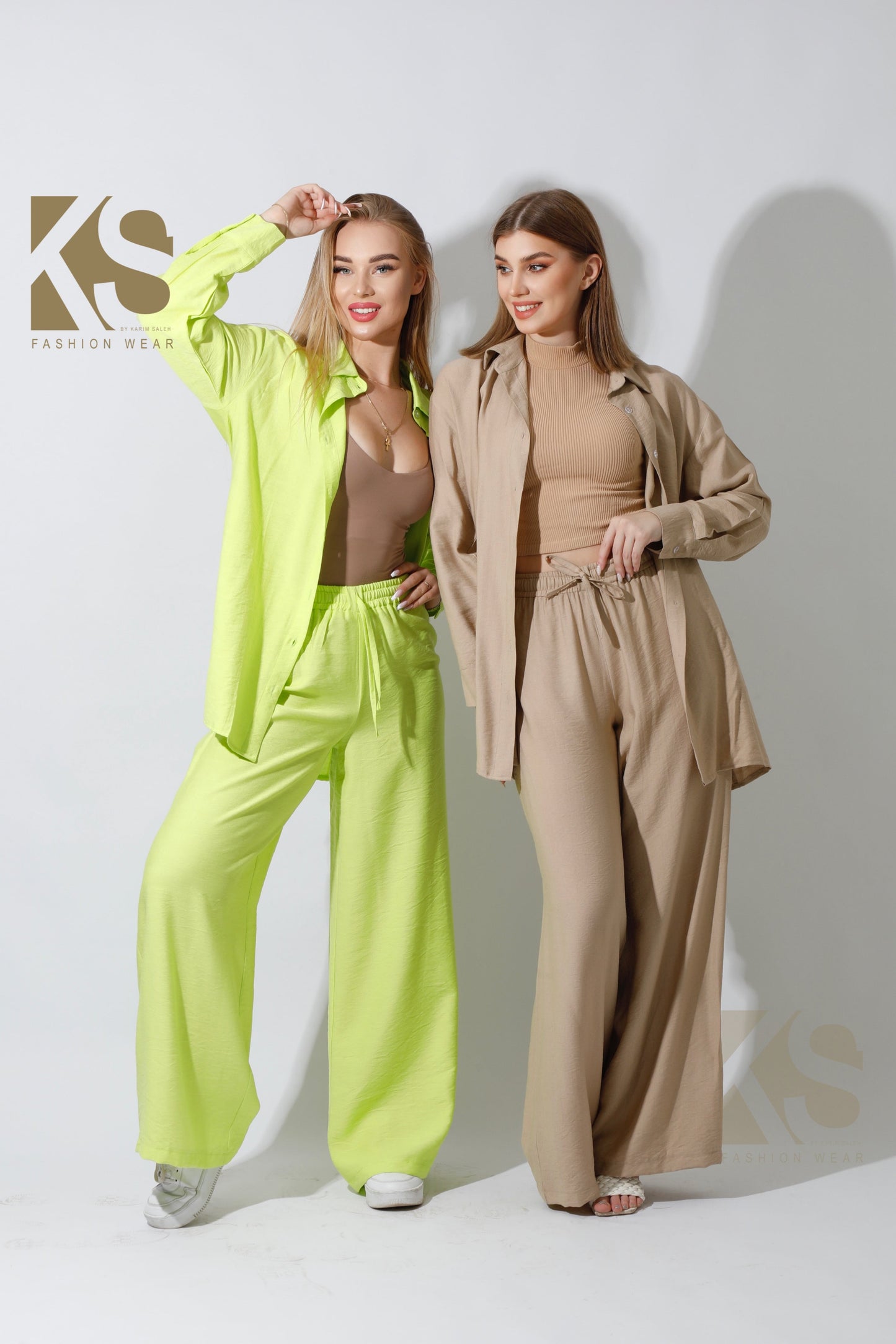 Wide Leg Trousers Set - Beige