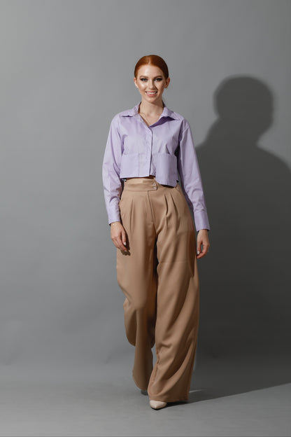 Noelle High Waist Wide Leg Trousers - Beige