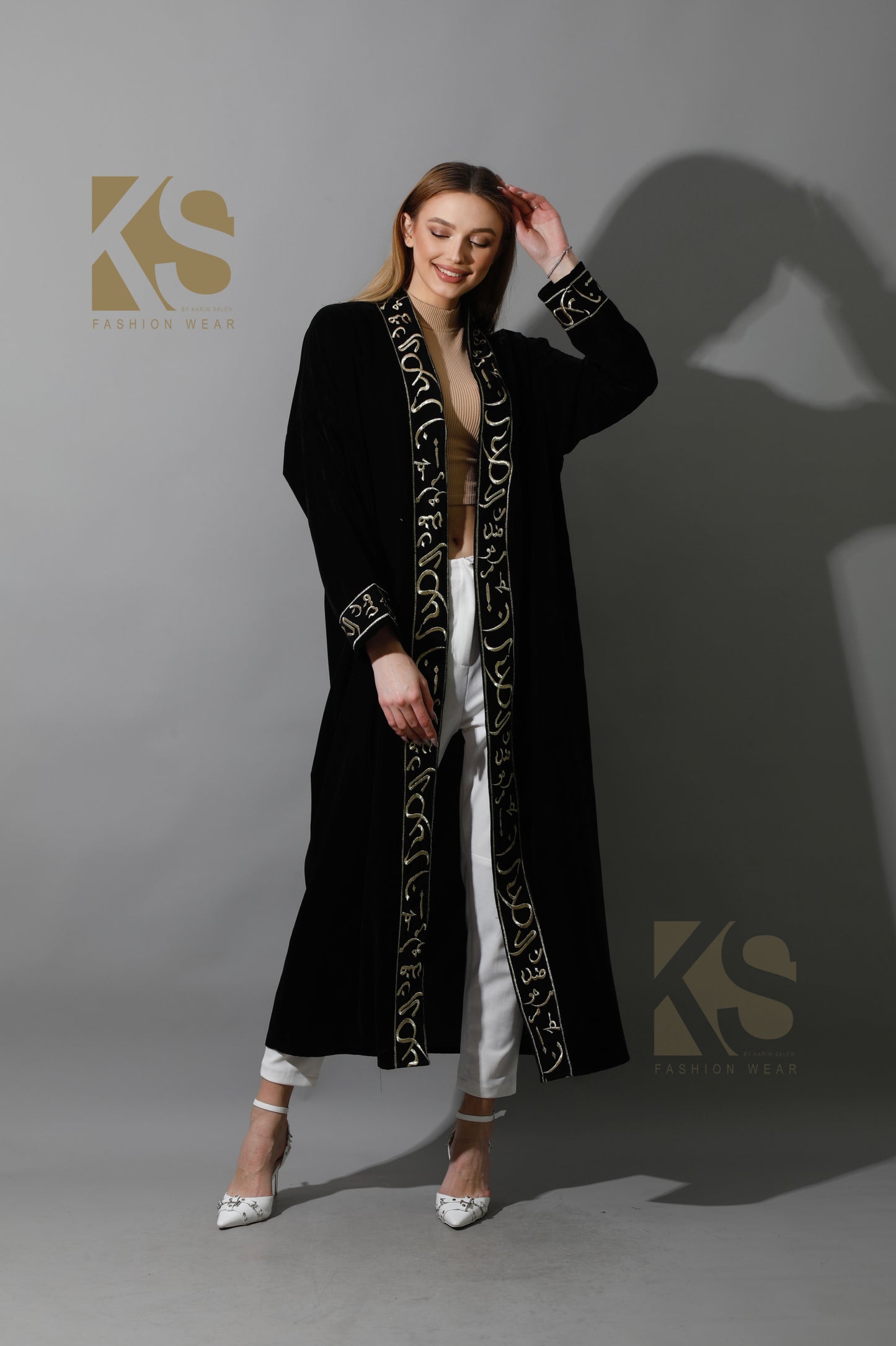 Arabic Letter Long Kaftan - Black & Gold