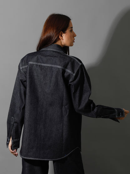 Co-Ord Jeans Cutout Shirt & Cutout Pants - Navy Blue