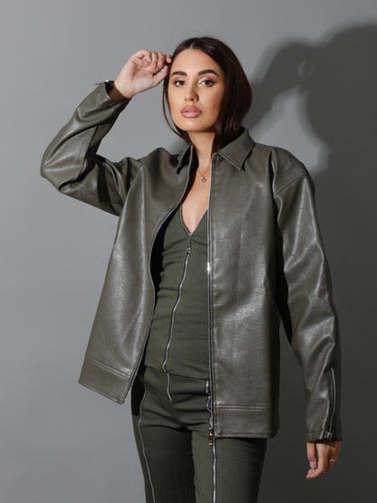 Leather Zipper Sleeved Jacket - Olive