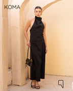Violet Satin Halter Top & Midi Skirt Co-Ord - Black