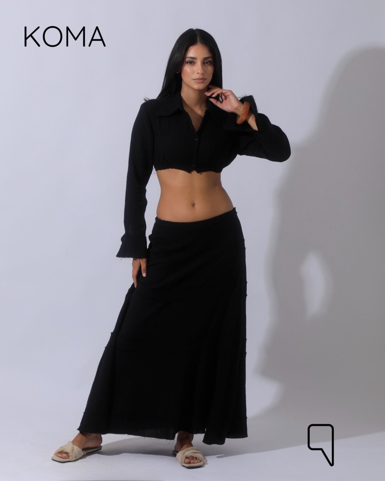 Greta Crincle Cropped Shirt & Skirt Set - Black