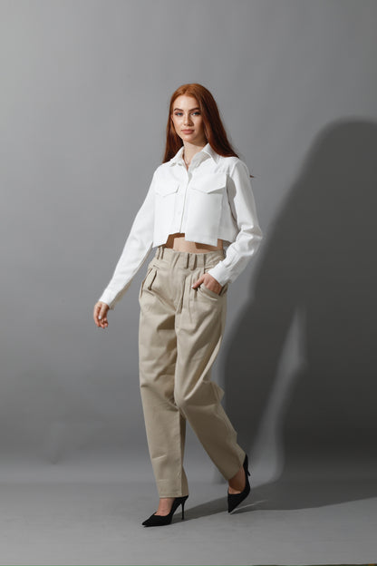 High Rise Paper-Bag Pants - Light Beige