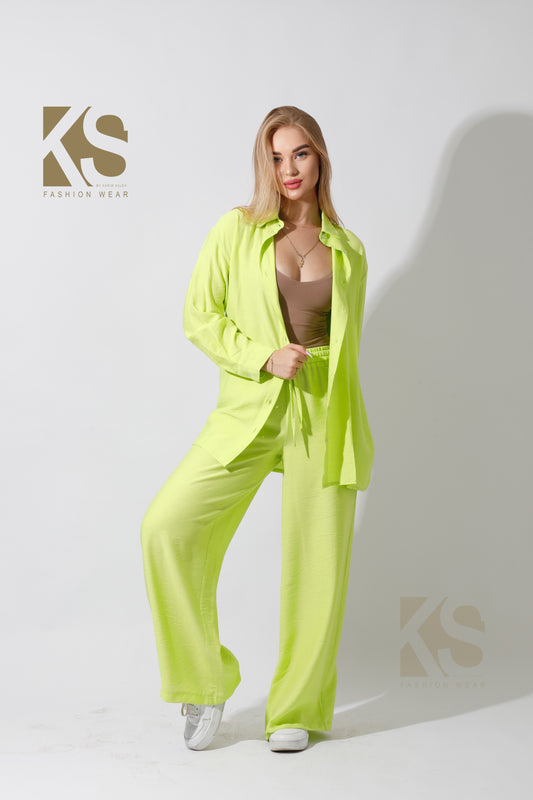 Co-Ord Long Shirt & Wide Leg Trousers - Lime Green