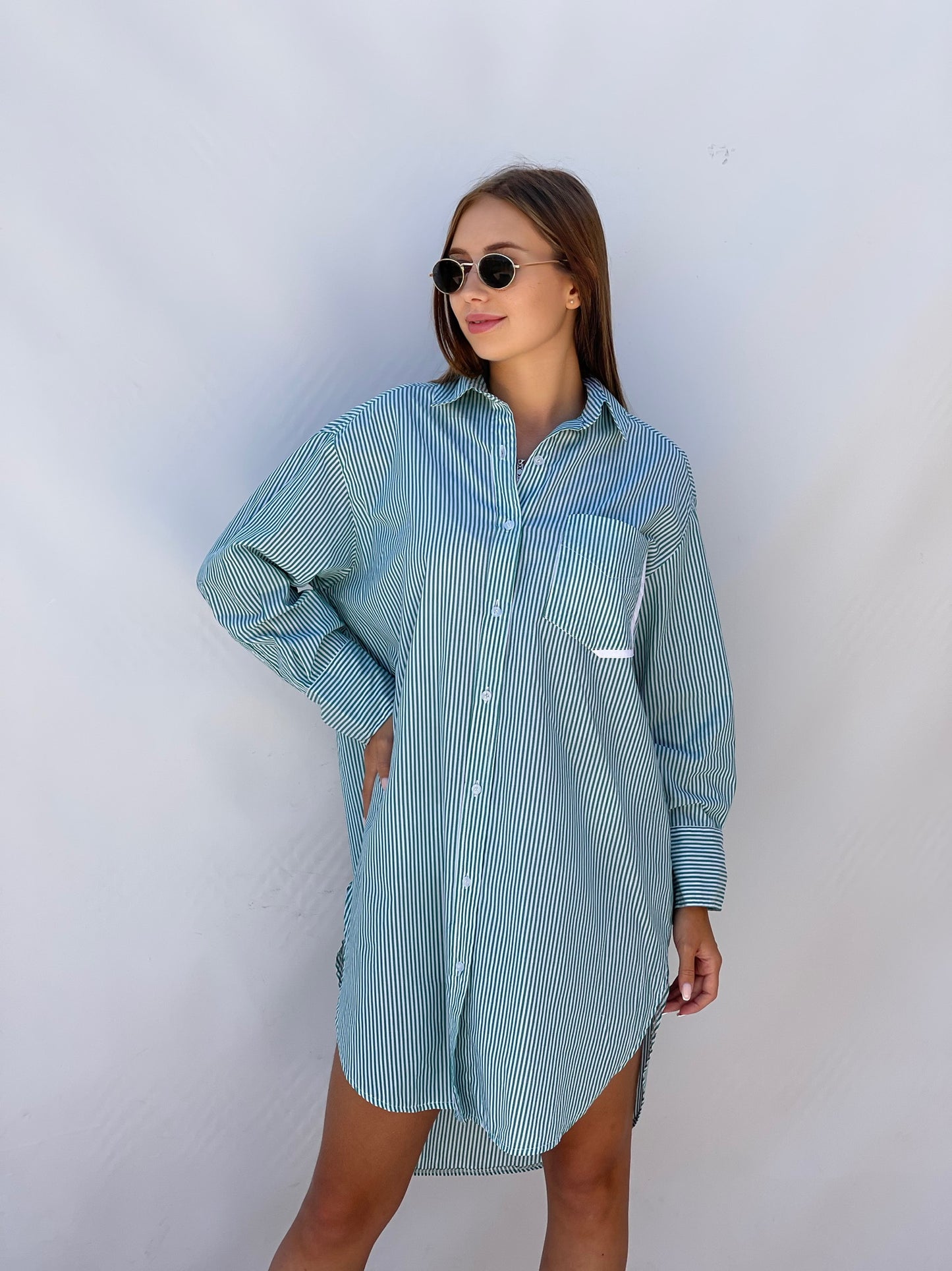 Oversized Striped Shirt Dress - Striped Green
