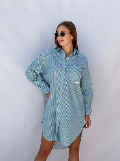 Oversized Striped Shirt Dress - Striped Green