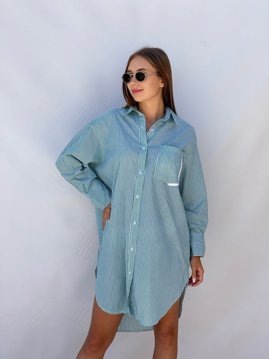 Oversized Striped Shirt Dress - Striped Green