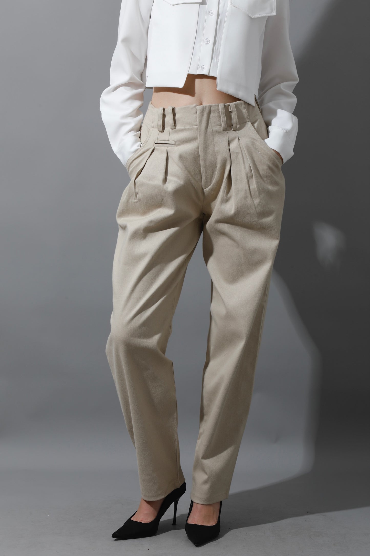 High Rise Paper-Bag Pants - Light Beige