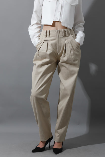 High Rise Paper-Bag Pants - Light Beige