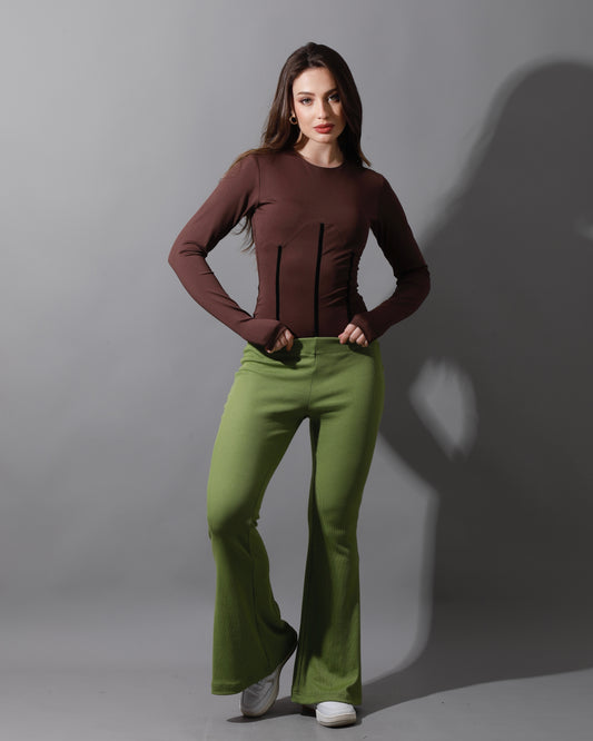 Slinky Flared Trousers - Kiwi Green
