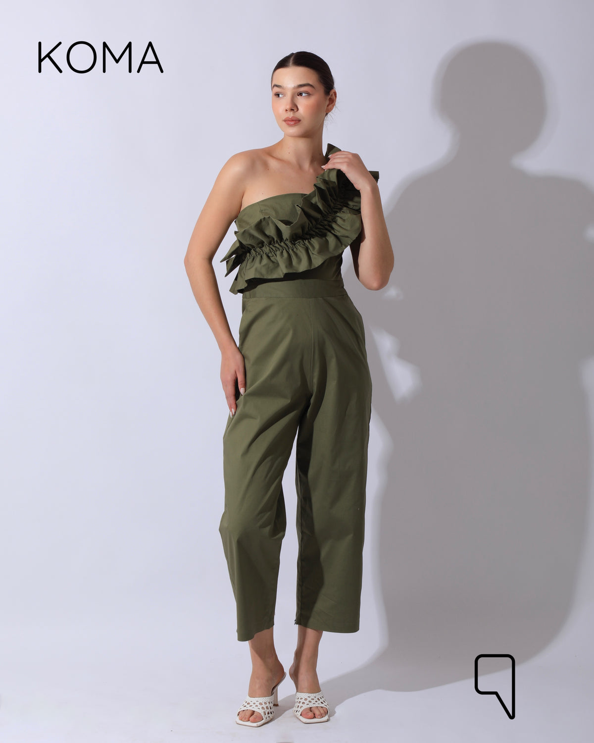 Marta Asymmetric Ruffle Jumpsuit - Olive
