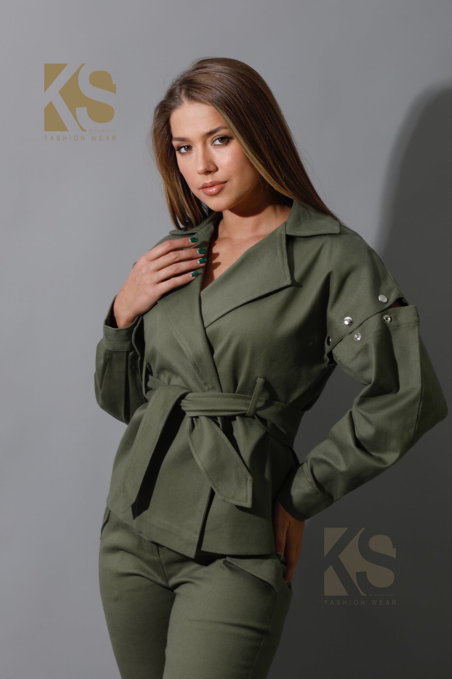 Co-Ord Detached Sleeves Jacket &  Tied BootCut pants - Olive