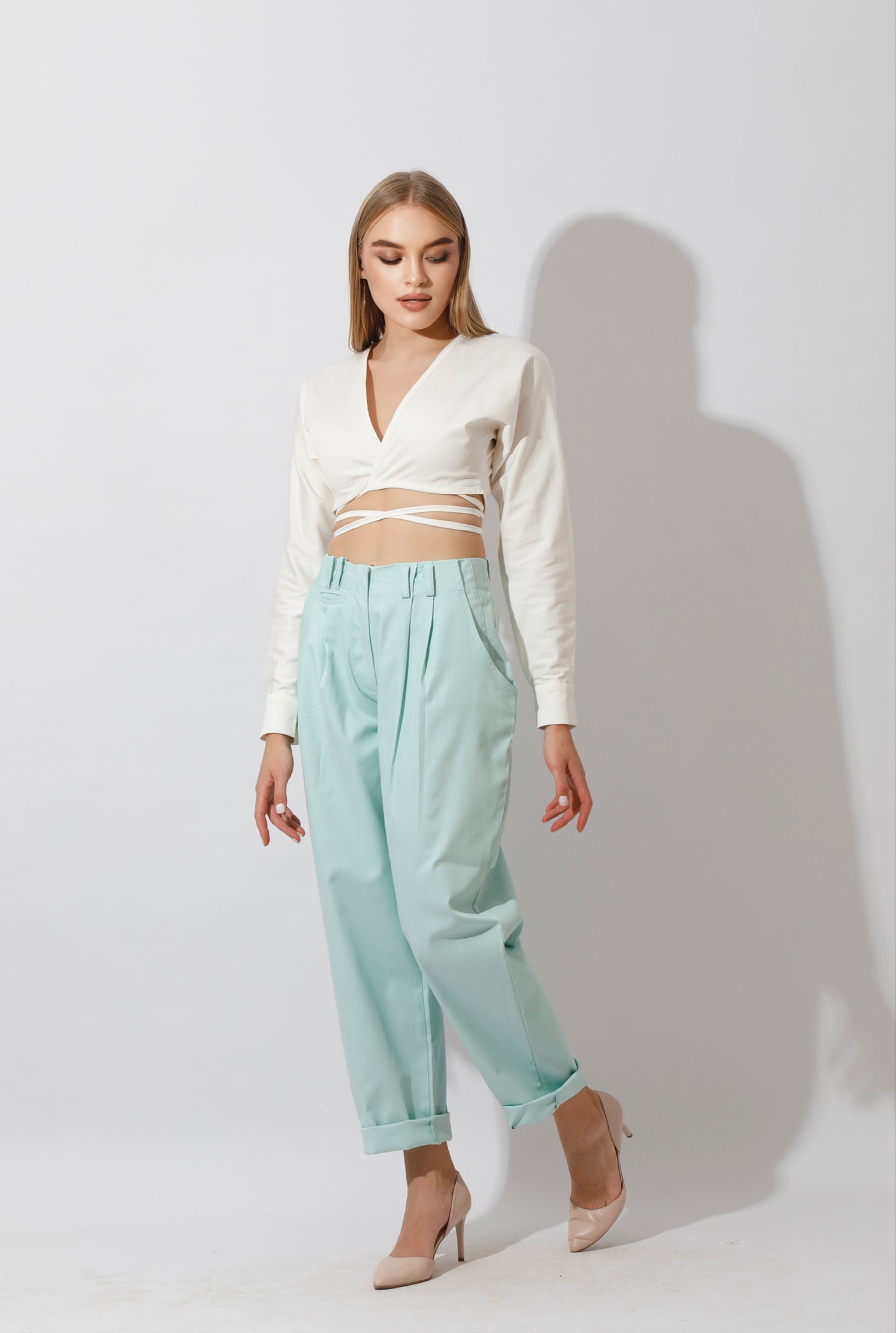 High Rise Paper-Bag Pants - Mint