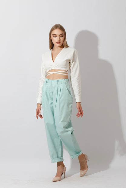 High Rise Paper-Bag Pants - Mint