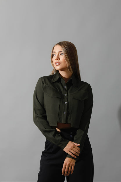 Pockets Cropped Shirt - Olive
