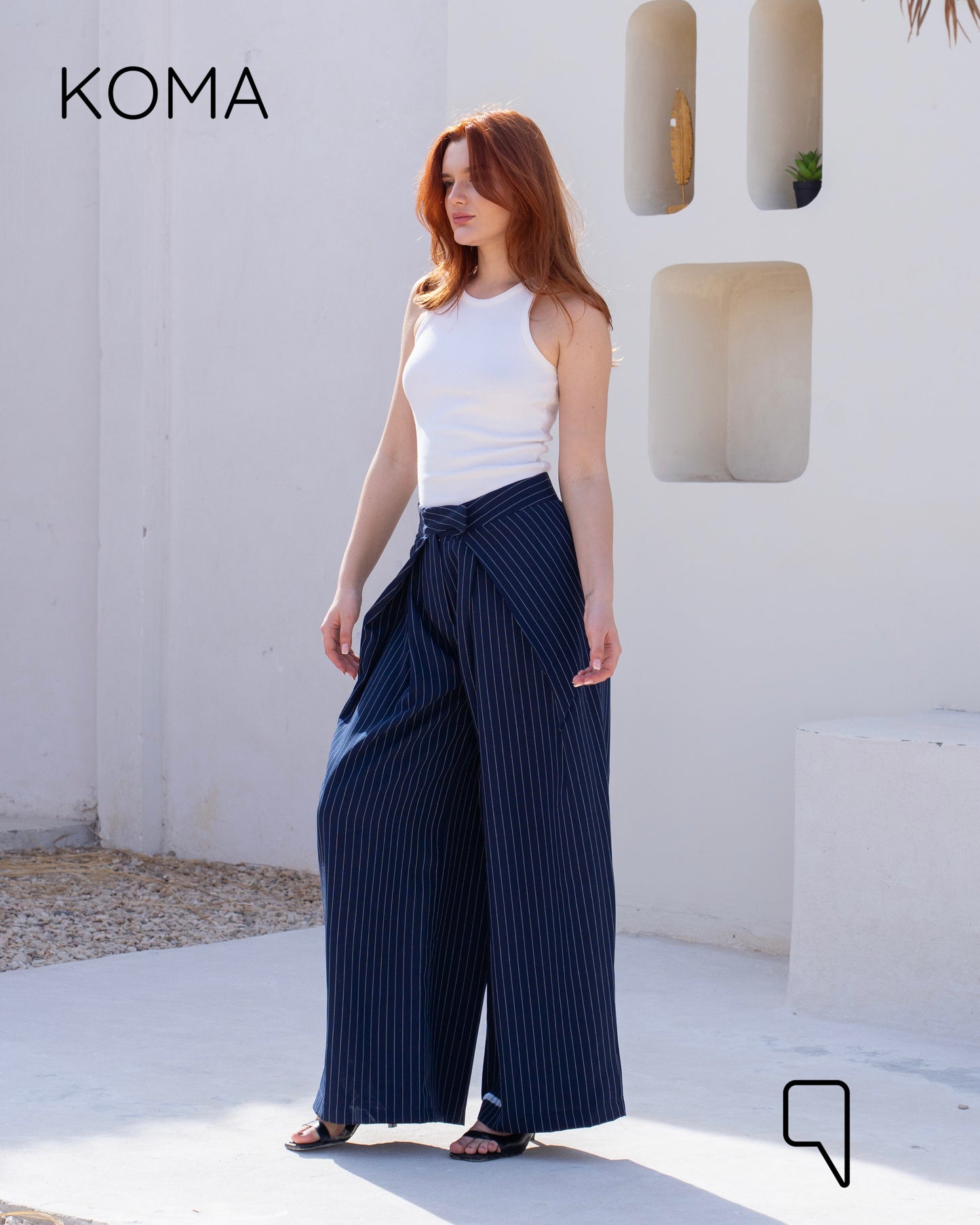 Stripped Double Pleated Trousers - Navy