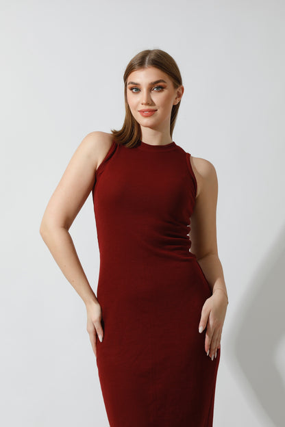 Slinky High Neck Midi Sleeveless Dress - Maroon