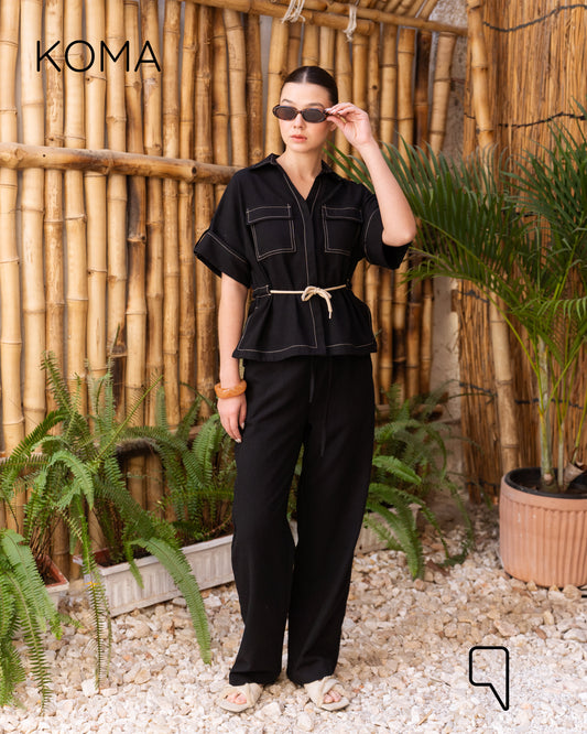 Leilani Stitched Shirt & Straight Trousers Set - Black