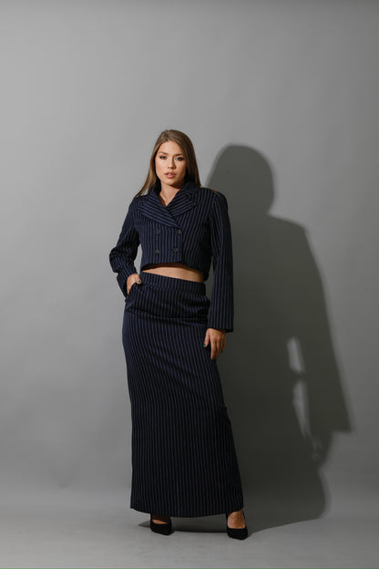 Striped Cropped Blazer Co-Ord - Navy