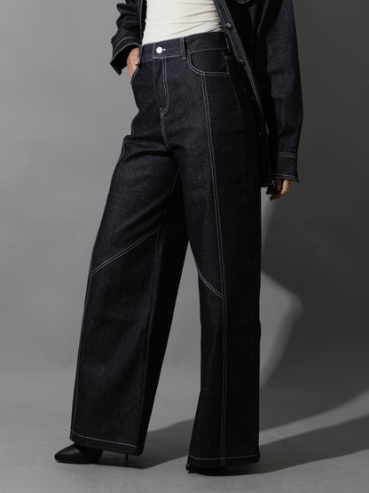 Co-Ord Jeans Cutout Shirt & Cutout Pants - Navy Blue